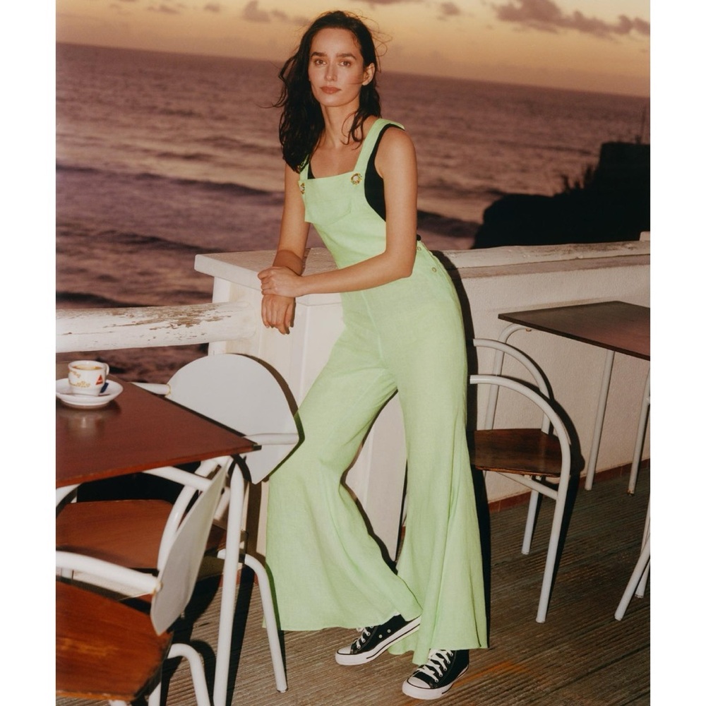 NEW Sleeper Baccara Linen Jumpsuit (Sz L) Bell Bottom Overalls Light Green Mint
